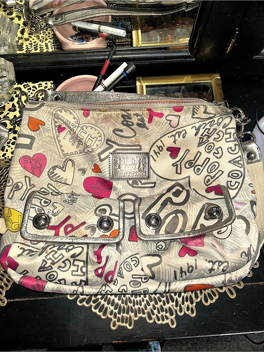 Coach Poppy Graffiti Double Flap Pocket Hobo Bag in Beige & Pink project bag